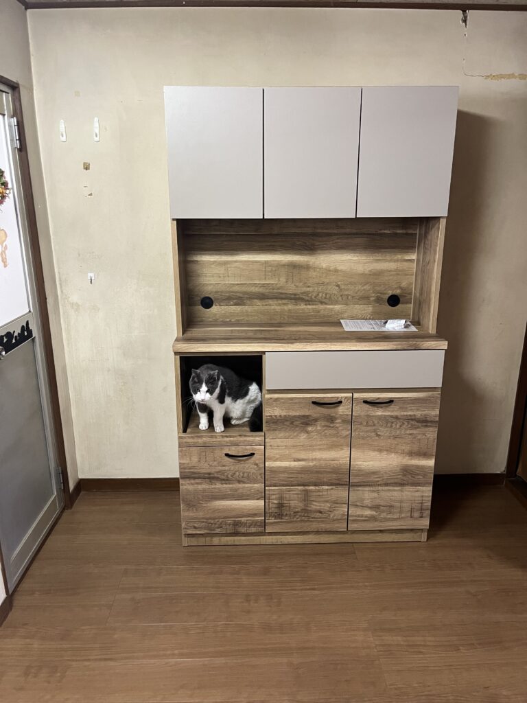 大きな食器棚があった場所にはお客様が新調した食器棚を設置しました。<br />
置いたとたんに猫ちゃんが気にいったようで早速入ってしまいました笑